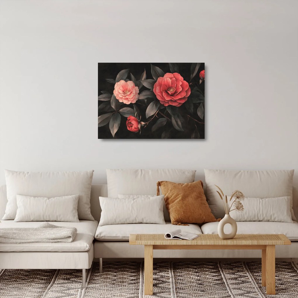 Obraz na szkle - Czerwone kwiaty na ciemnym tle (70x50 cm)