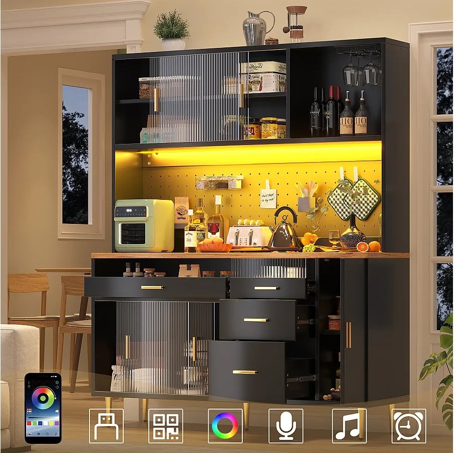 Nowoczesna komoda kuchenna - 145 x 24 x 171 cm - z diodami LED + półki + drzwi + 4 szuflady - szkło + płyta MDF - czarna