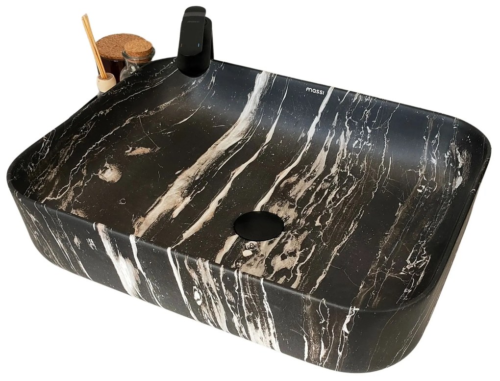 Umywalka ceramiczna nablatowa marmurowa prostokątna czarna 50 x 39 cm MARBE BLACK