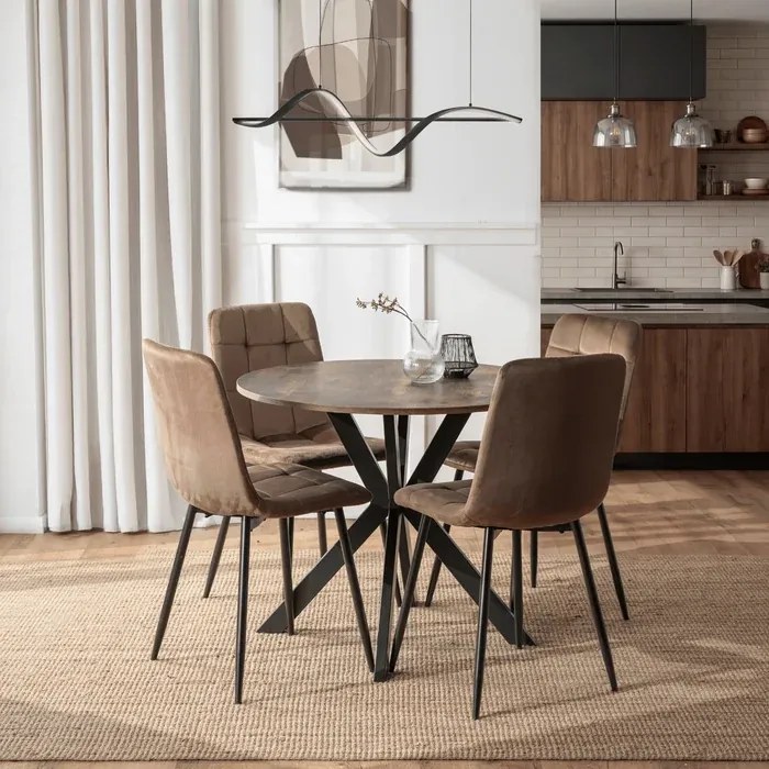 Zestaw Stół Okrągły LAUREN 90 cm Dąb Rustykalny/Czarny i 4 Krzesła PERU Brązowe