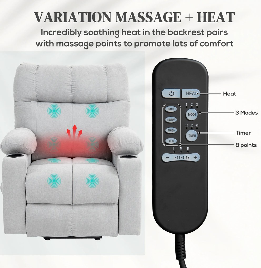 HOMCOM Fotel dla seniorów z funkcją podnoszenia, funkcja leżenia, pilot, 144 cm x 91 cm x 88 cm, jasnoszary