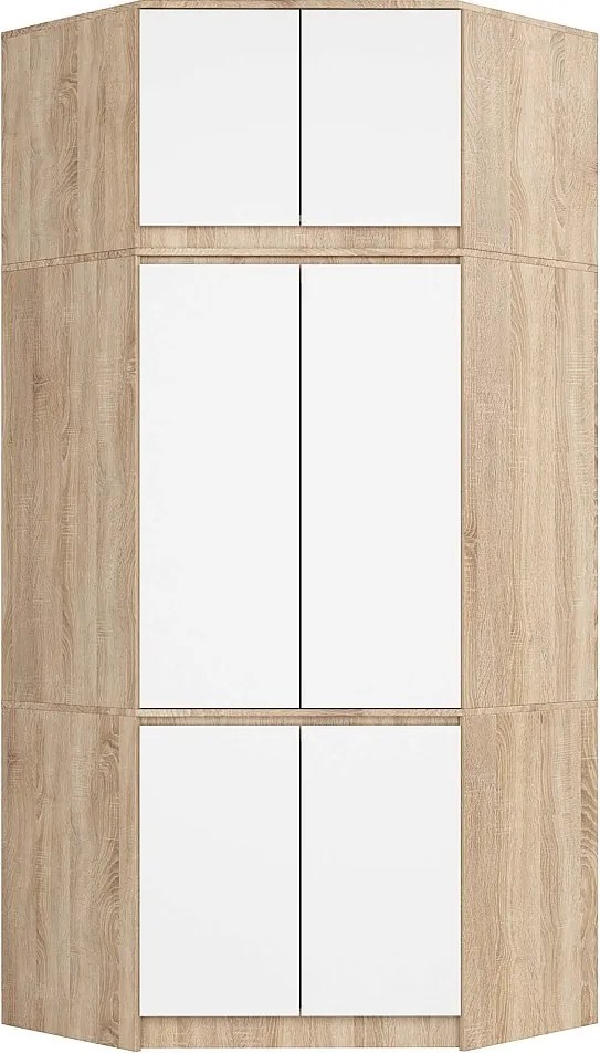 Szafa narożna z nadstawką AKORD S100 Dąb Sonoma 100 cm 6 drzwi kolor Biały mat 9 półek 100x50x235 cm