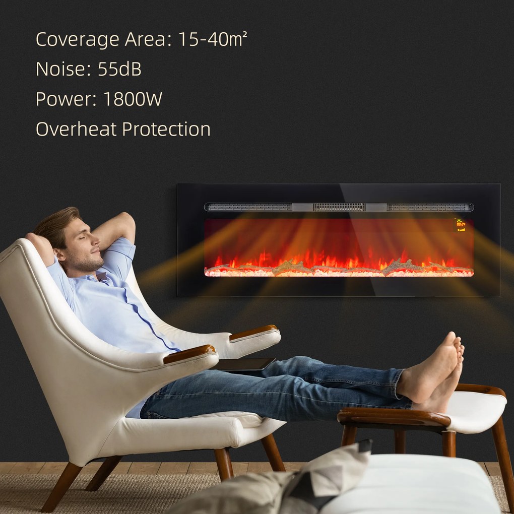 HOMCOM Kominek elektryczny z uchwytem ściennym i pilotem, sztuczne polana i kryształy, moc 1800W, czarny