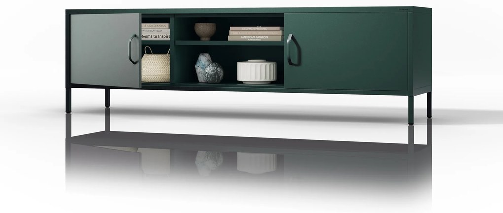Szafka RTV metalowa szeroka XL na nóżkach butelkowa zieleń, 1700x400x500 mm: ROSARIA