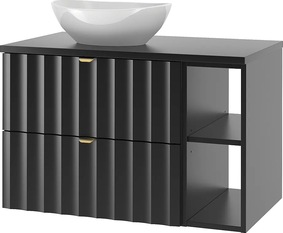 Czarny Zestaw Łazienkowy 80cm Szafka z Blatem Regał Umywalka Ryflowane Fronty Arcos