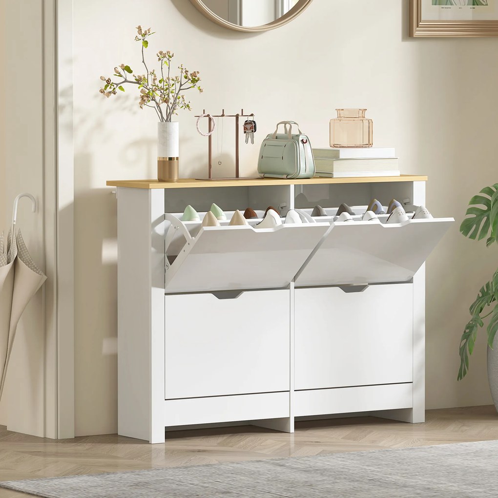 HOMCOM Wąska szafka na buty z 4 uchylnymi przegrodami, na 8–16 par butów, 105 x 26 x 80 cm, biały + naturalny | Aosom PL