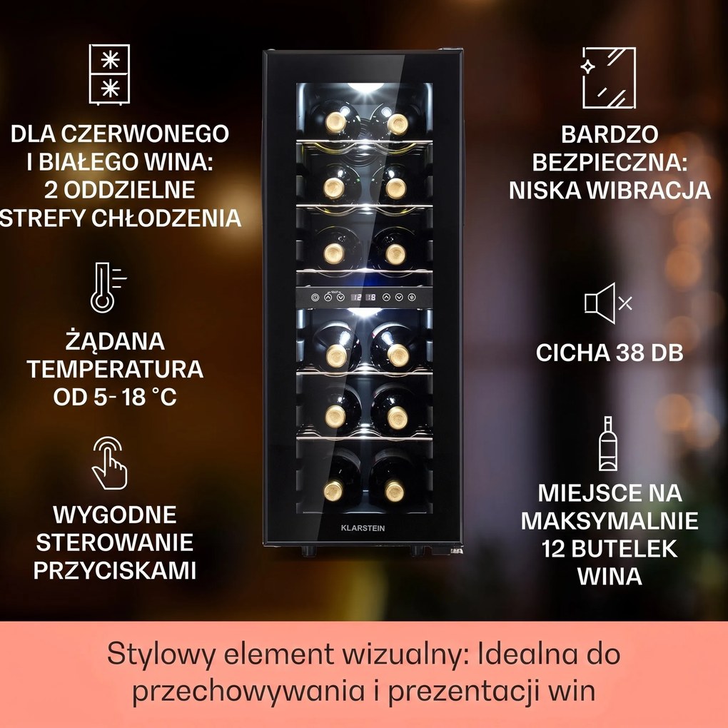 Klarstein Shiraz 29cm 12 Butelek Winiarka Dwustrefowa Czarny