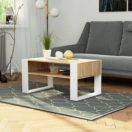 Minimalistyczna Ława Z Półką Dąb Sonoma+Biały T3-F56