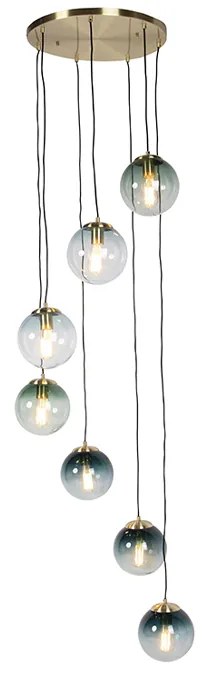 Lampa wisząca w stylu art deco mosiądz z niebieskim szkłem 7-światłowa - Pallon ArtDeco Oswietlenie wewnetrzne
