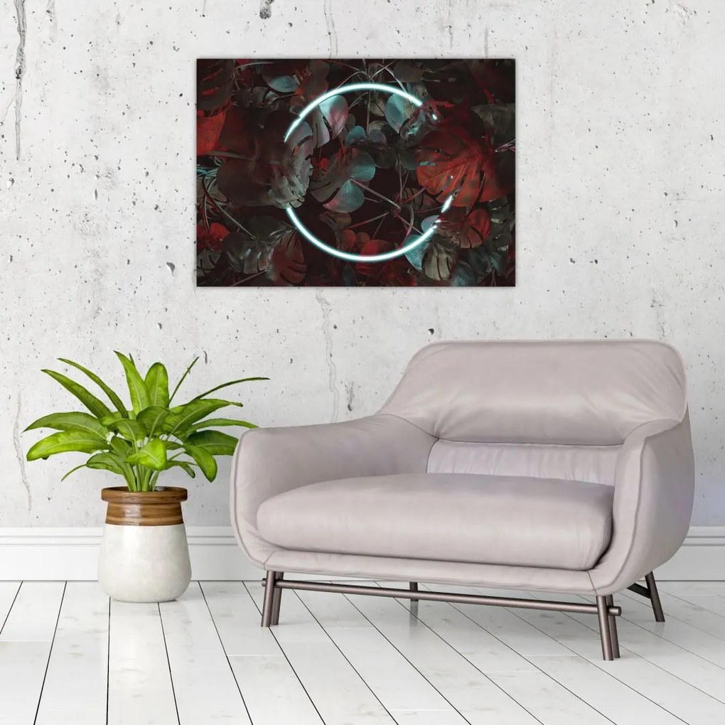 Obraz na szkle - Neonowe koło między palmami (70x50 cm)
