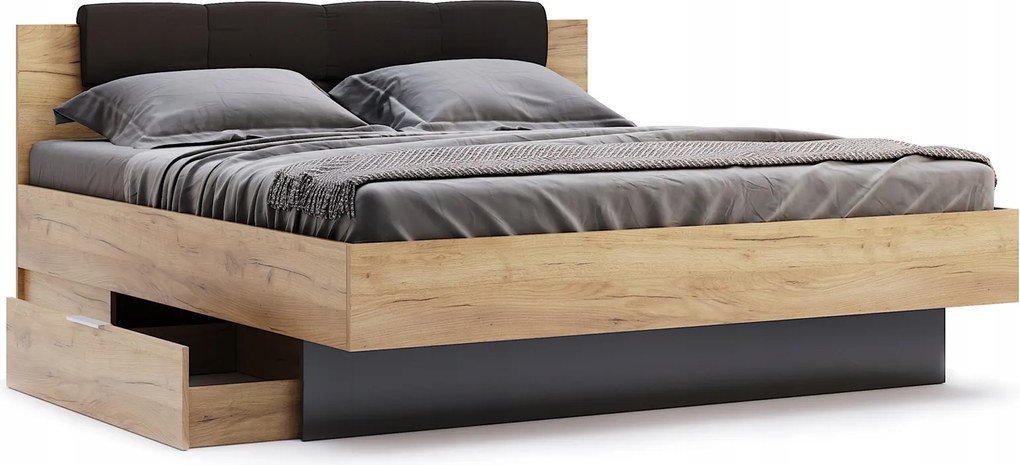 Łóżko 160x200 z szufladami i oświetleniem LED Luna 36, dąb craft/matt lava połysk