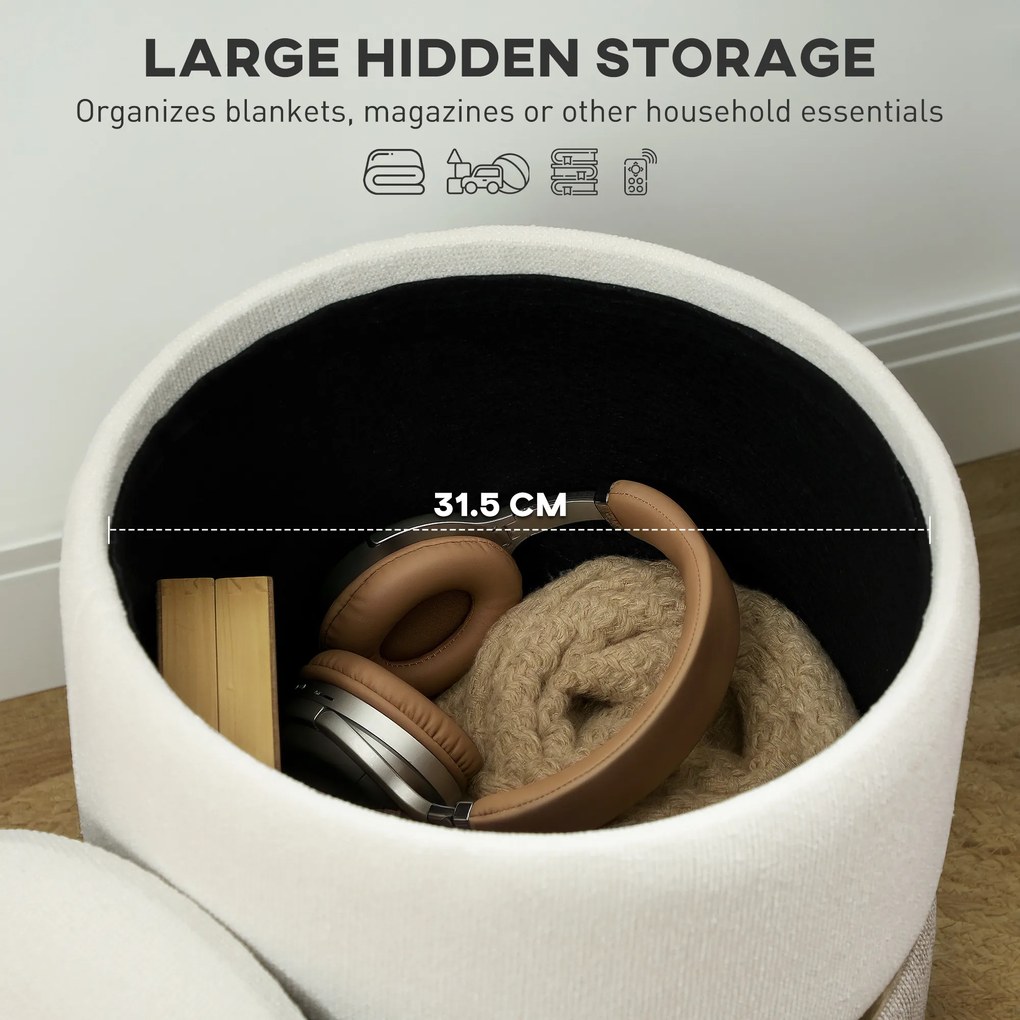 HOMCOM Taboret z miejscem do przechowywania, kremowy, z metalowym pierścieniem, dwukolorowy design, Ø36 x 44H cm