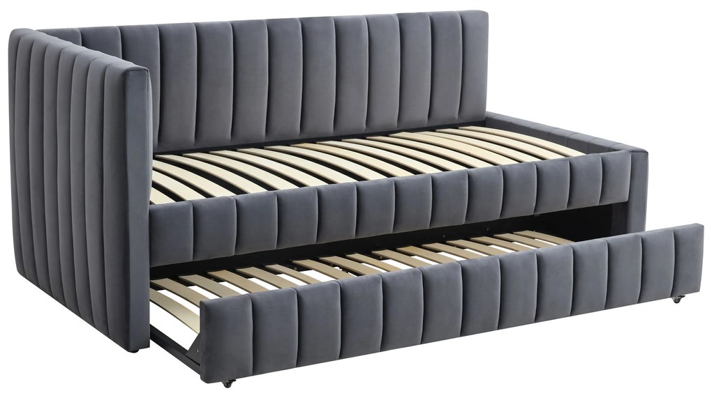 Łóżko 90x200 z drugim wysuwanym miejscem do spania szary welur DERBY