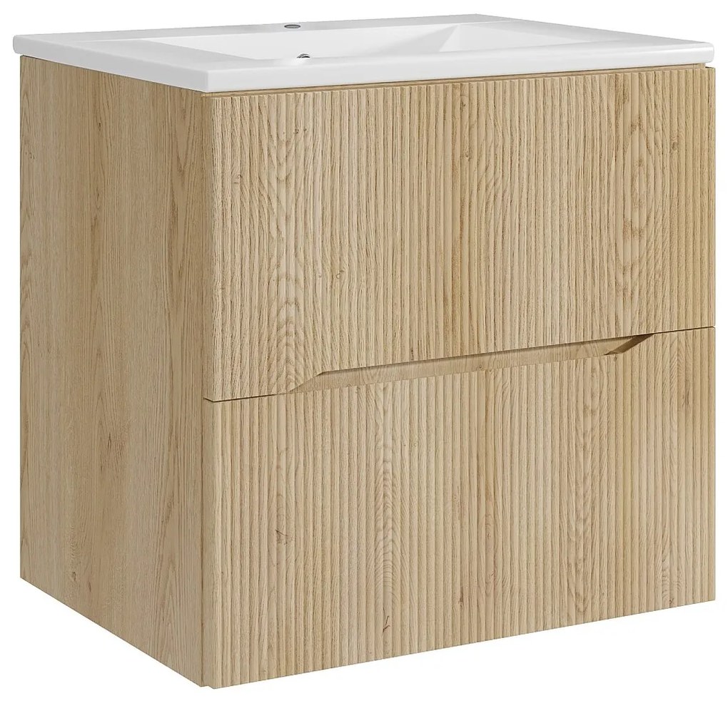 Podwieszana szafka łazienkowa prążkowana z i umywalką nablatową - Jasny naturalny - 60 cm - ORISO