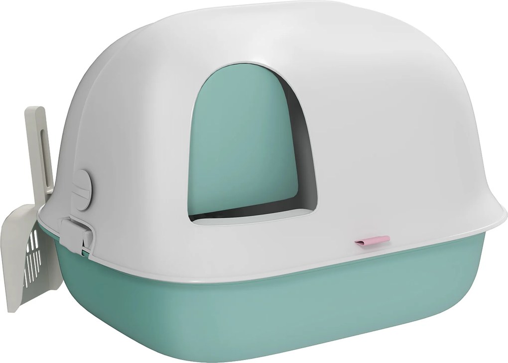 PawHut Kuweta dla kota z pokrywą, z wewnętrznym tunelem, drzwiczkami, łopatką, łatwa do czyszczenia, plastikowa, Zielona