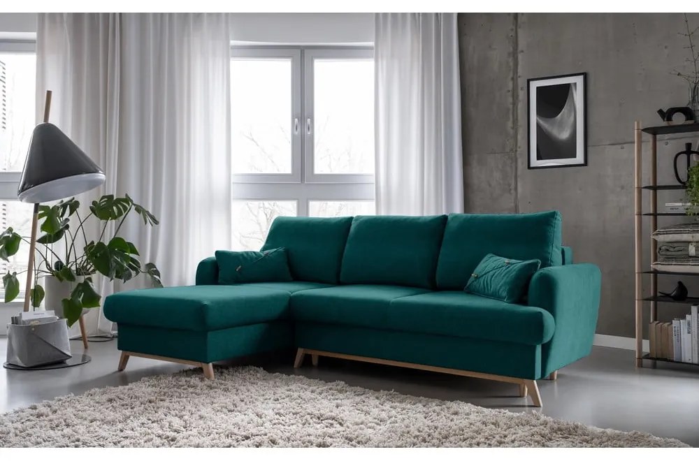 Turkusowy rozkładany/ze schowkiem narożnik (lewostronny/z szezlongiem) Scandic Lagom – Miuform