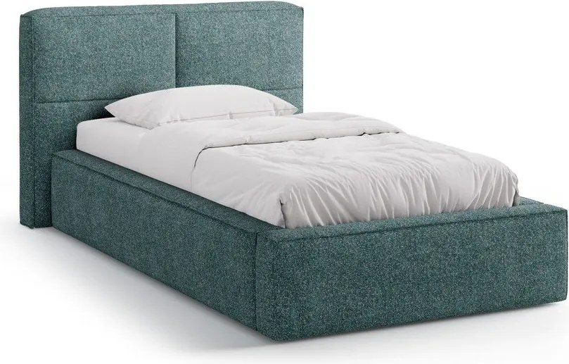 Turkusowe tapicerowane łóżko jednoosobowe ze schowkiem ze stelażem 90x200 cm Darren – Micadoni