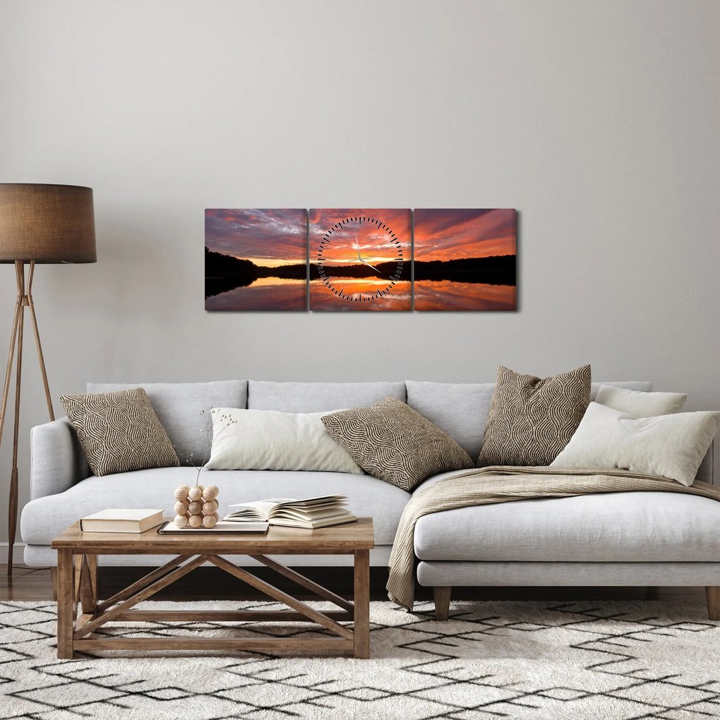 Obraz - Zachód słońca nad jeziorem (z zegarem) (90x30 cm)