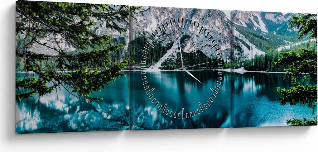 Obraz jeziora w Alpach (z zegarem) (90x30 cm)