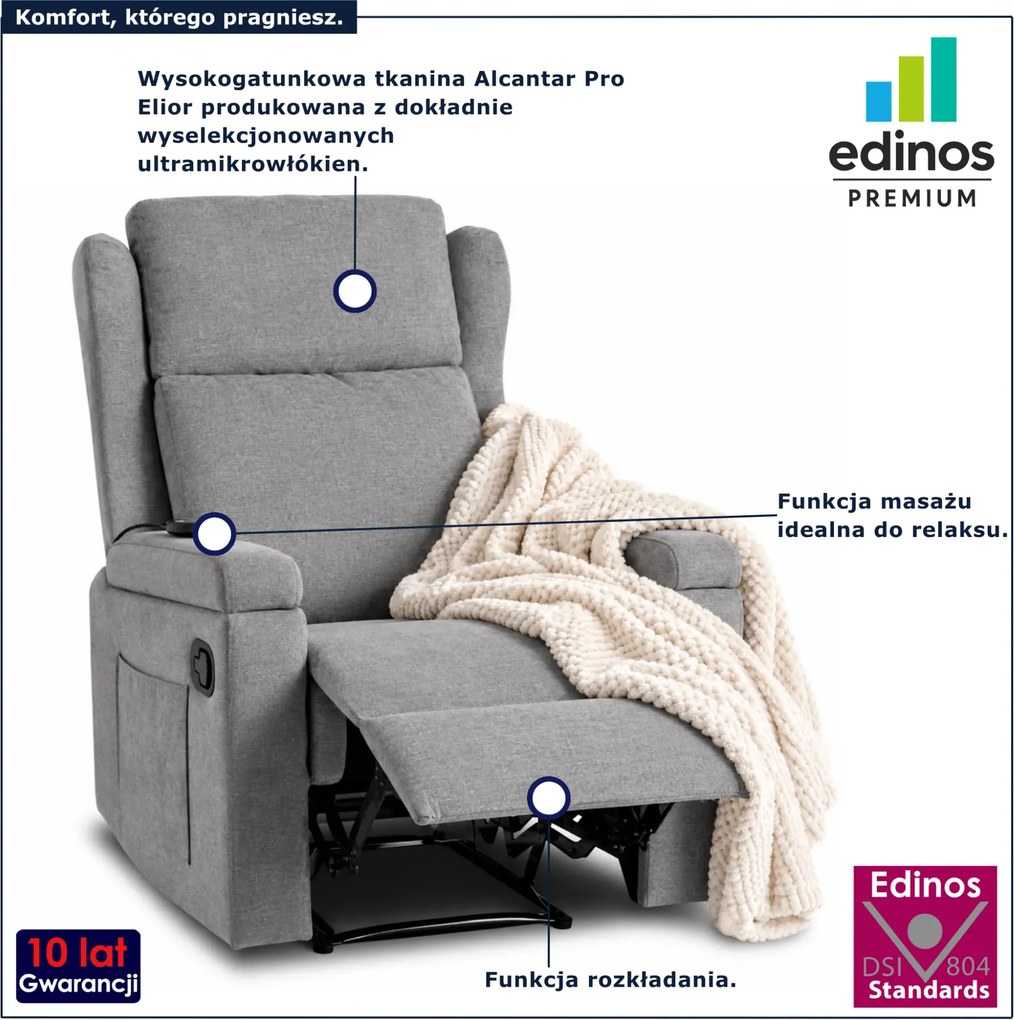 Szary wypoczynkowy fotel rozkładany z funkcją masażu - Zedio