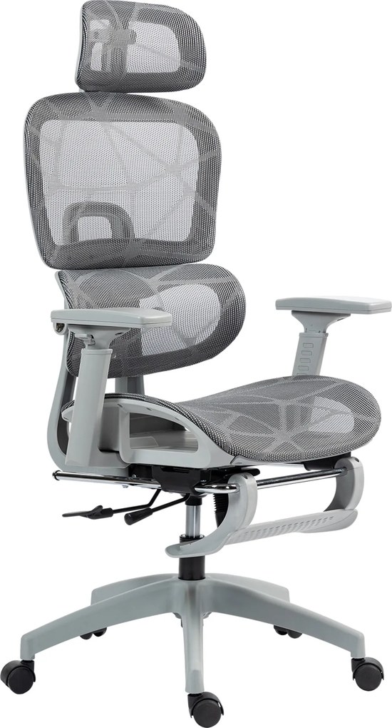 HOMCOM Krzesło biurowe, Ergonomiczne krzesło do biurka z tapicerką z siatki, regulowane, na kółkach, z podłokietnikami, zagłówkiem, Szary