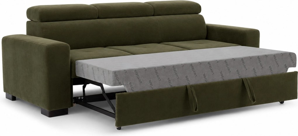 Sofa trzyosobowa Modeno z funkcją spania - oliwkowy welur hydrofobowy Monolith 38 - Wyprzedaż ekspozycji