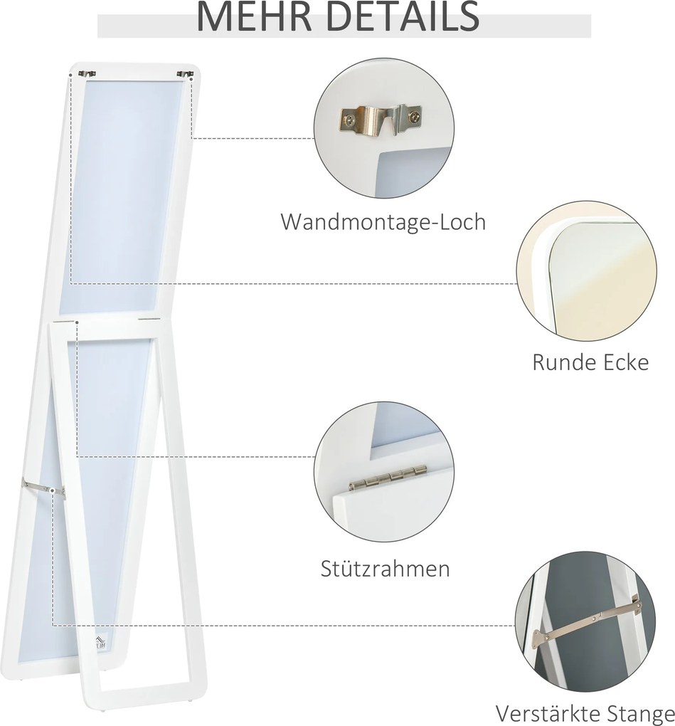 HOMCOM Lustro Pełnowymiarowe Stojące Składana Rama Drewno Sosnowe MDF Białe 37x43x156cm Do Salonu Garderoby | Aosom PL
