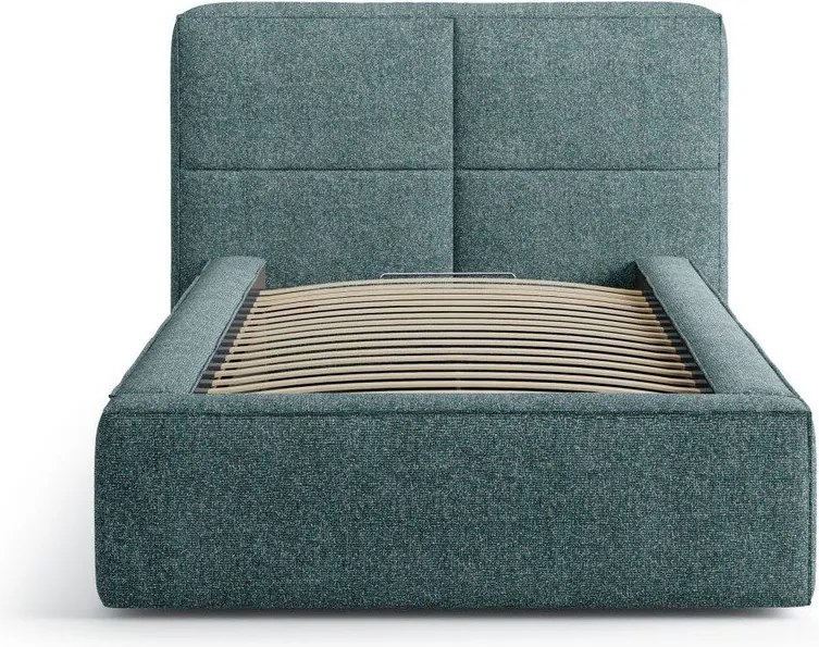 Turkusowe tapicerowane łóżko jednoosobowe ze schowkiem ze stelażem 90x200 cm Darren – Micadoni