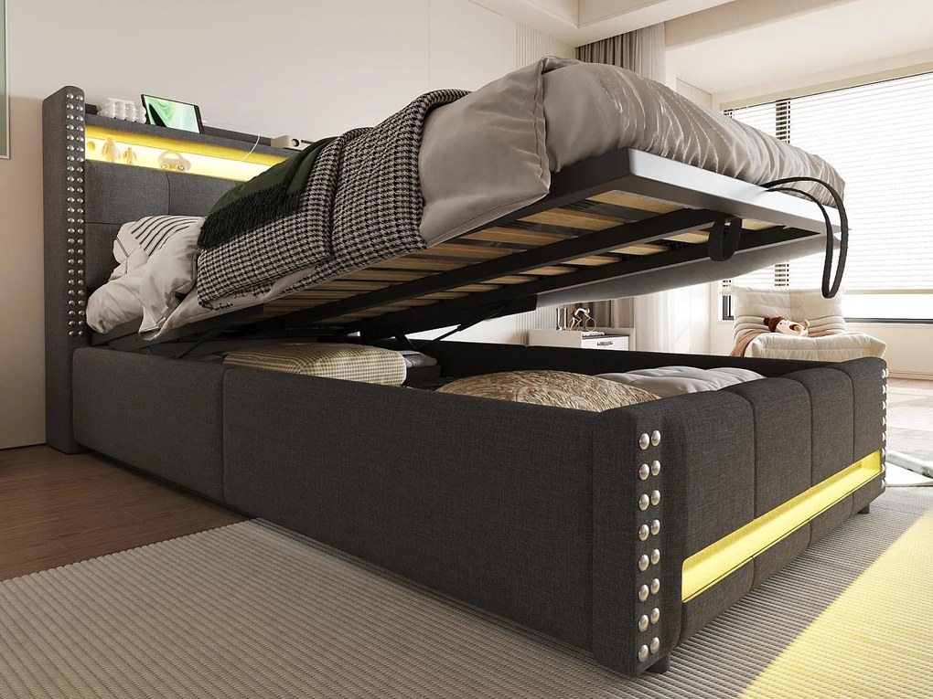 Miękko wyściełane łóżko ze schowkiem 90x200 cm - z oświetleniem LED - z USB - len - szary (materac nie jest wliczony w cenę)