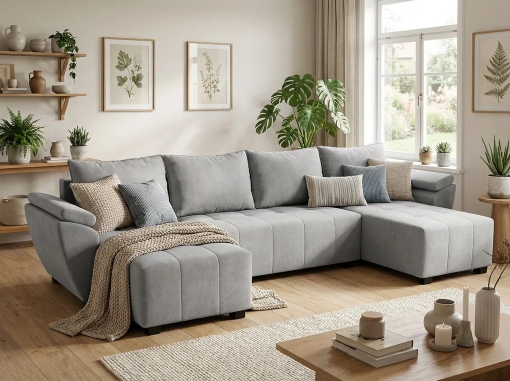 Rozkładana sofa narożna w kształcie U LIVARO 305x140 cm, jasnoszara