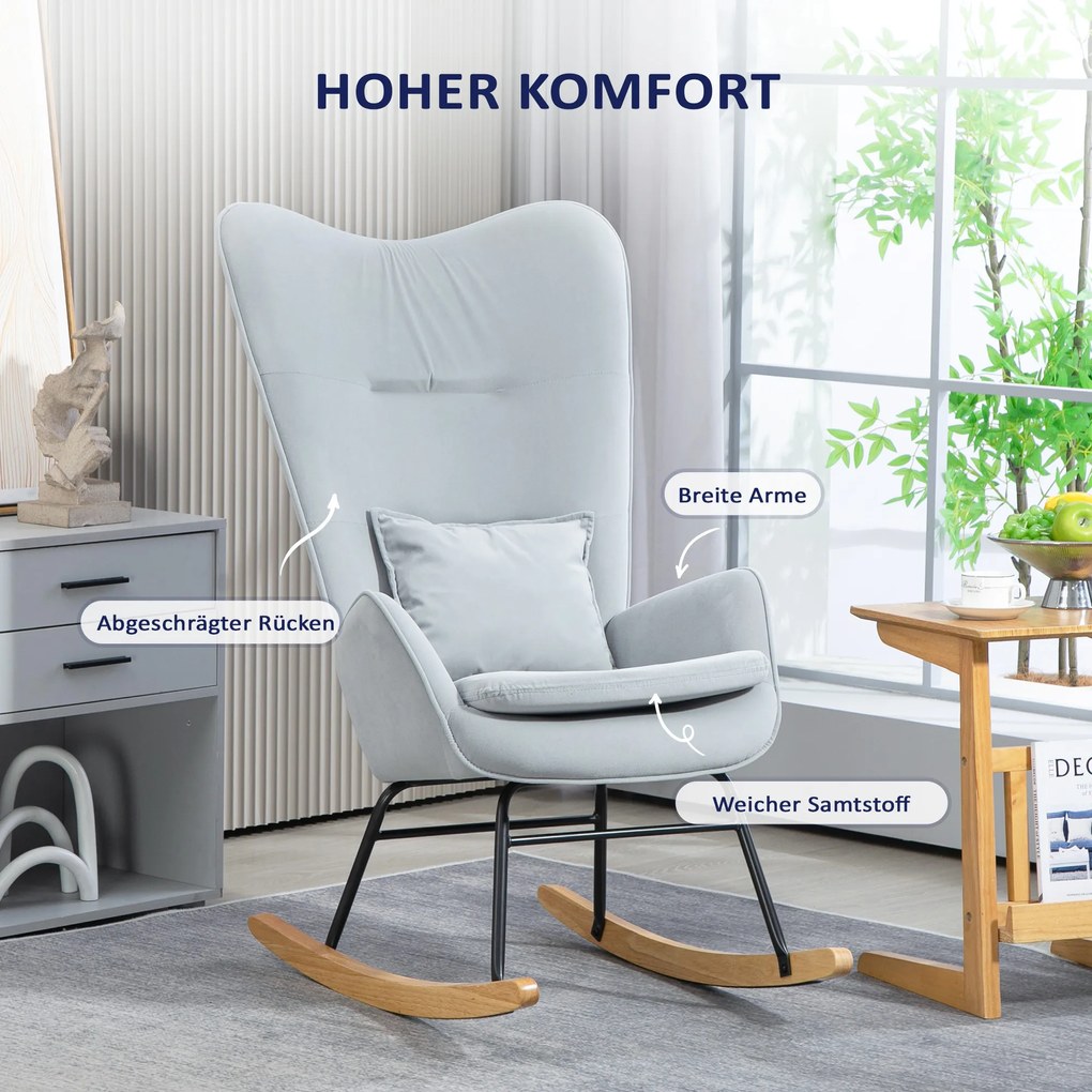 HOMCOM Fotel Bujany, Pokrycie w Aksamitnym Wykończeniu, z Poduszką Lędźwiową, Nośność do 120 kg, 67 x 85 x 112 cm, Jasnoszary