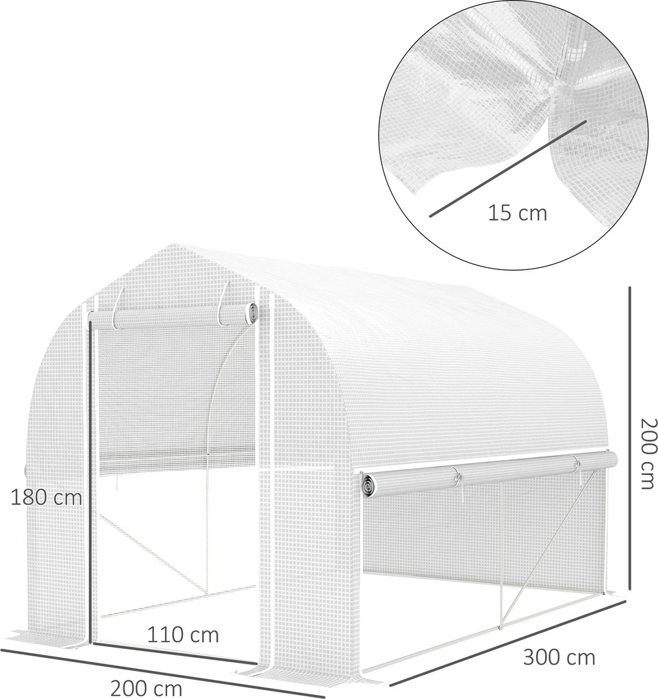 Outsunny Szklarnia tunelowa 3 x 2 x 2 m z rolowanymi bocznymi ściankami, odporna na UV folia z plastiku i stalowy stelaż, Biała
