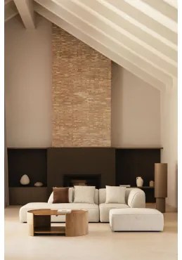 Narożna Sofa Modułowa Cardea 2-częściowa Z Leżanką Po Lewej Stronie I Tapicerowanym Pufem Tkanina Bouclé W Kolorze Kremowo-beżowym - Sklum