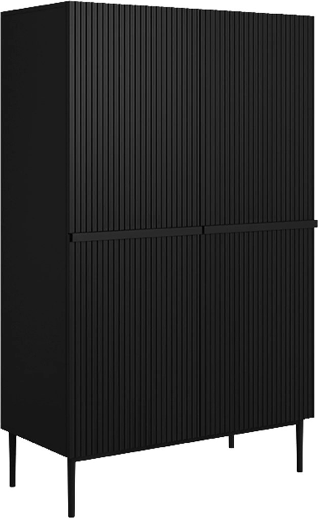 Komoda wysoka Nicole 100 cm dwudrzwiowa z ryflowanym frontem - czarny mat / czarne nóżki