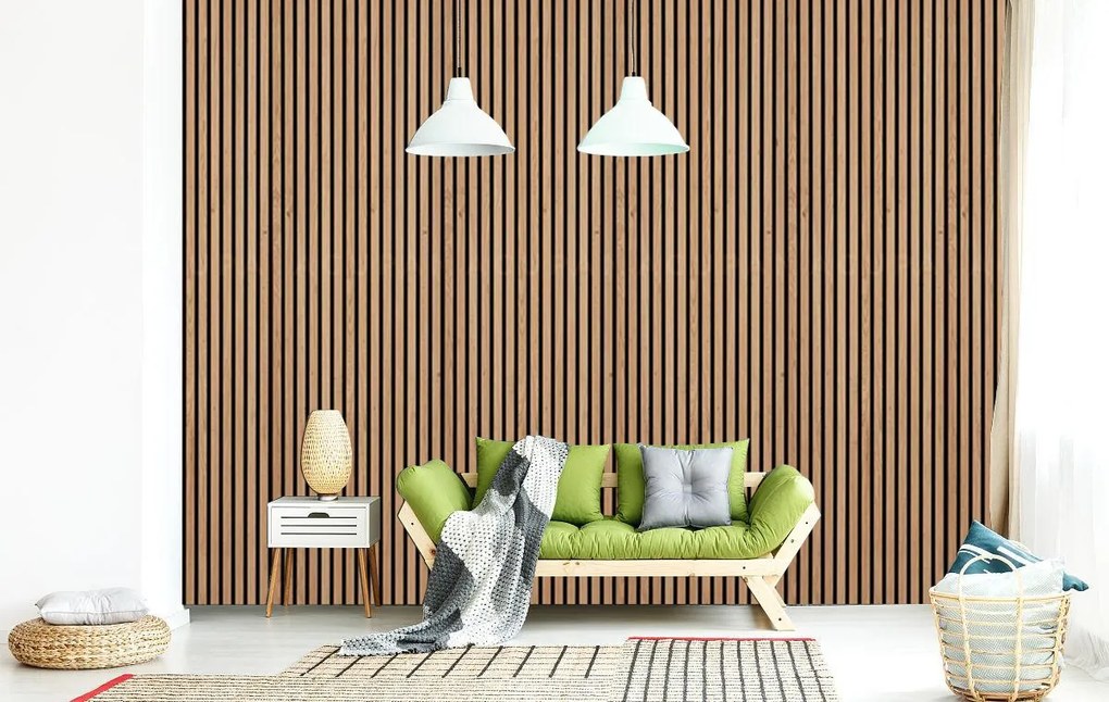 Drewniany panel akustyczny, 2400 x 600 mm, czarny podkład, 5 szt, dąb sonoma