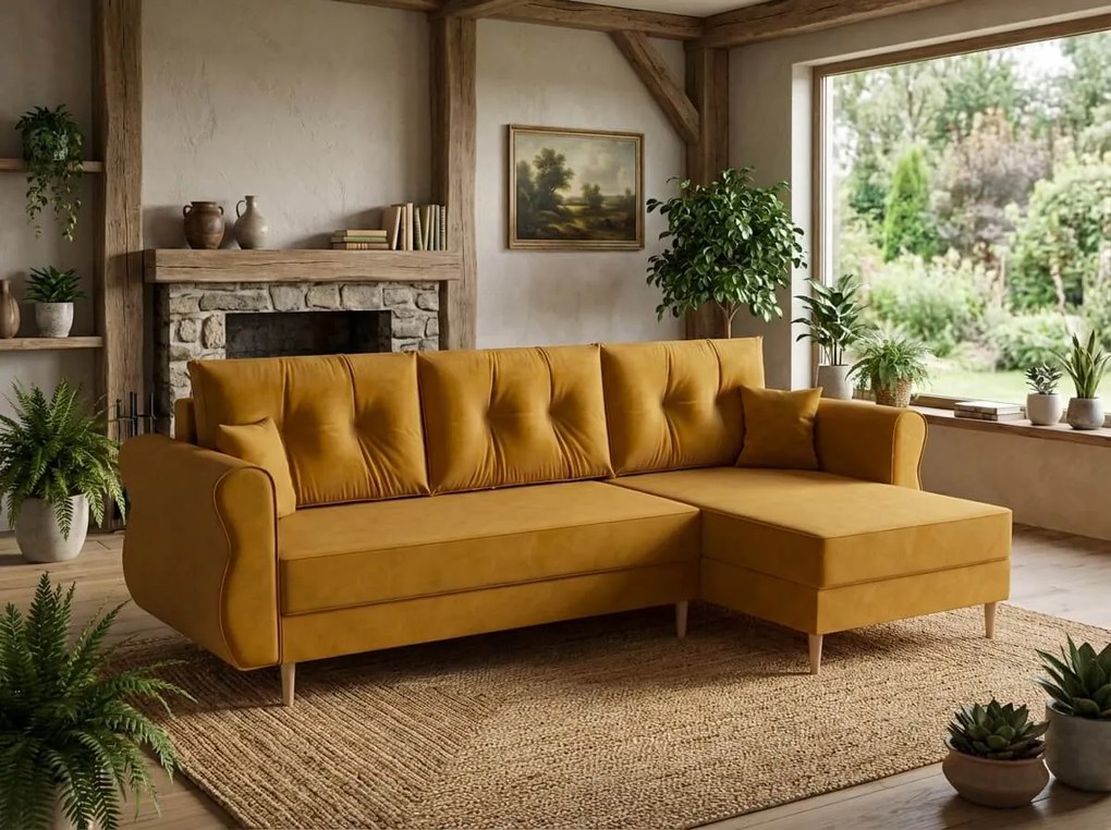 Rozkładana narożna sofa SILVIANO 230x140 cm, musztardowa, uniwersalna