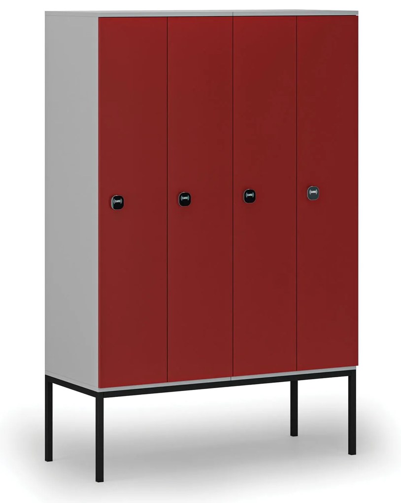Drewniana szafa ubraniowa z podstawą, 4-drzwiowa, 1871 x 1200 x 500 mm, demontaż, zamek RFID, szary/czerwony