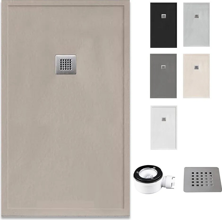 Brodzik żywiczny z rantem, ultracienki i antypoślizgowy z zaworem i kratką | Tekstura kamienia | Moka | 90 X 140 cm