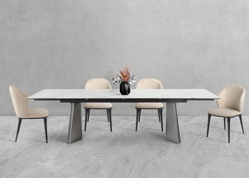 Nowoczesny stół rozkładany Nexus o wymiarach 200(280)×90 cm zachwyca eleganckim blatem z masy ceramicznej i solidną podstawą ze stali szczotkowanej. Styl, trwałość i funkcjonalność w jednym – idealny do jadalni i salonu.