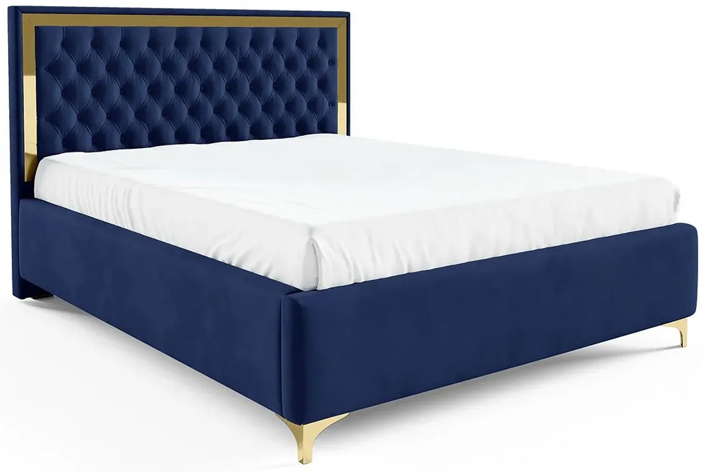 Granatowe welurowe łóżko tapicerowane z pojemnikiem L6-G26