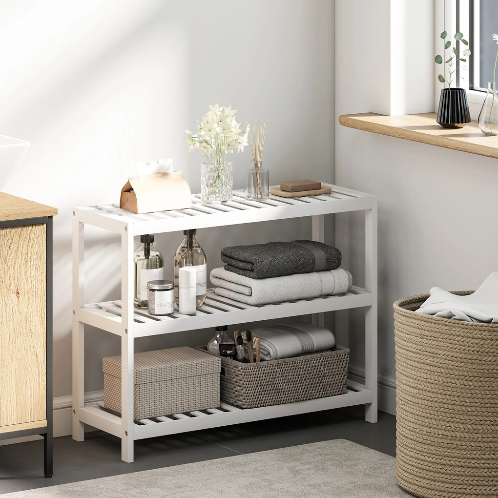 HOMCOM 3-poziomowy regał bambusowy, regał na buty, regał do przechowywania, lakierowane wykończenie, Biały