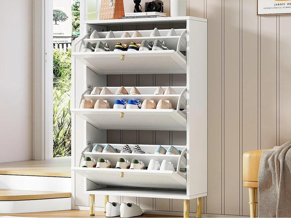 Szafa na buty 73x25x125cm - z 3 drzwiami uchylnymi - półka 6-poziomowa - Biały