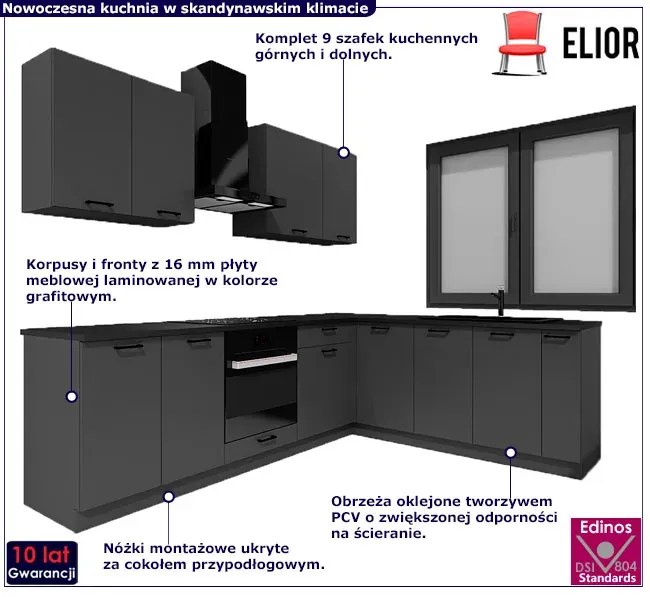 Zestaw mebli kuchennych narożnych grafit 260 cm P8-D97