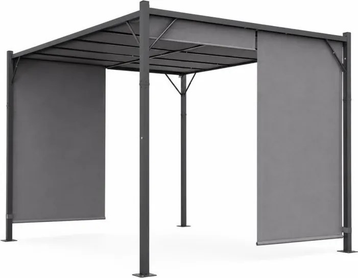Szara pergola ogrodowa FG-362 z regulowanym zadaszeniem i roletami bocznymi