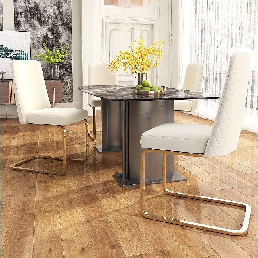 Zestaw 4 luksusowych krzeseł welurowych do salonu - 64,14 x 63,5 x 47,63 cm - oparcie w kształcie diamentu - złote metalowe nogi - beżowy