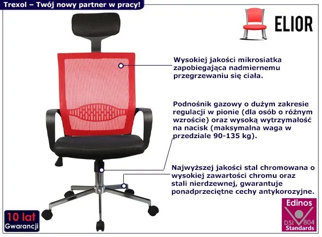 Czerwony fotel ergonomiczny z zagłówkiem do biurka - Dalmar
