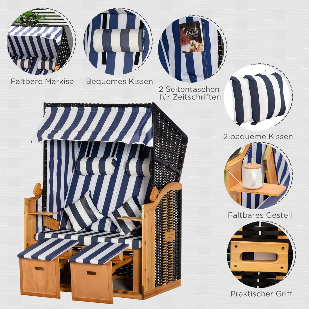 Outsunny kosz plażowy z dachem imitacja rattanu stół składany niebieski 118 x 79 x 150 cm