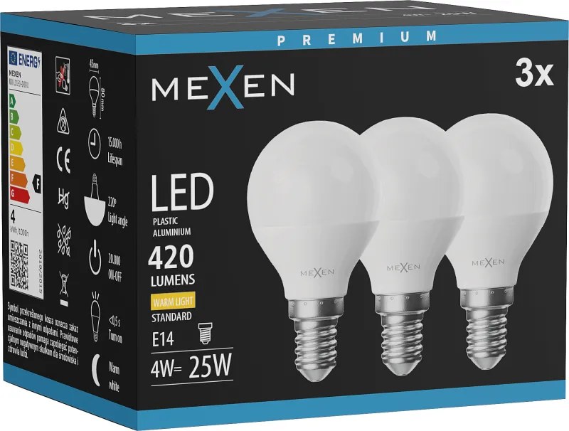 Mexen Nova 3x żarówka LED E14, G45, 4W, Ciepła - 3000K, 420 lm - L101-E14-0430-01x03