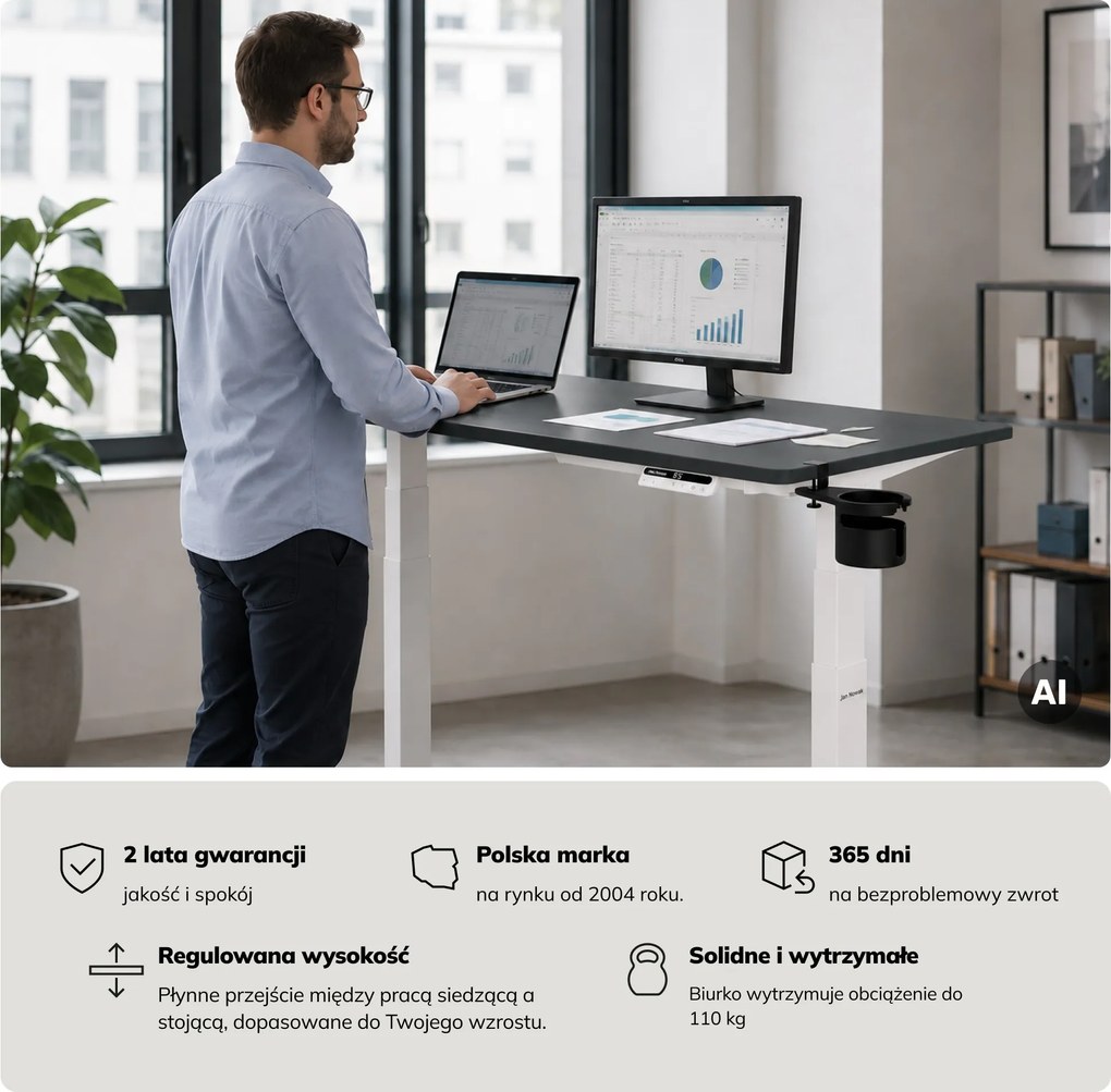 Biurko elektryczne z regulacją wysokości ergonomiczne biało-antracytowe,1200x600 mm: ARIA
