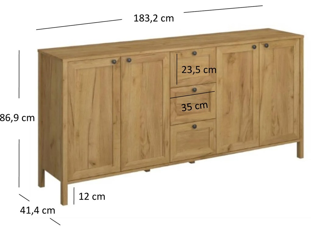 Komoda Czterodrzwiowa z Szufladami Drewniana do Salonu DALE 183 cm Dąb craft złoty Klasyczna